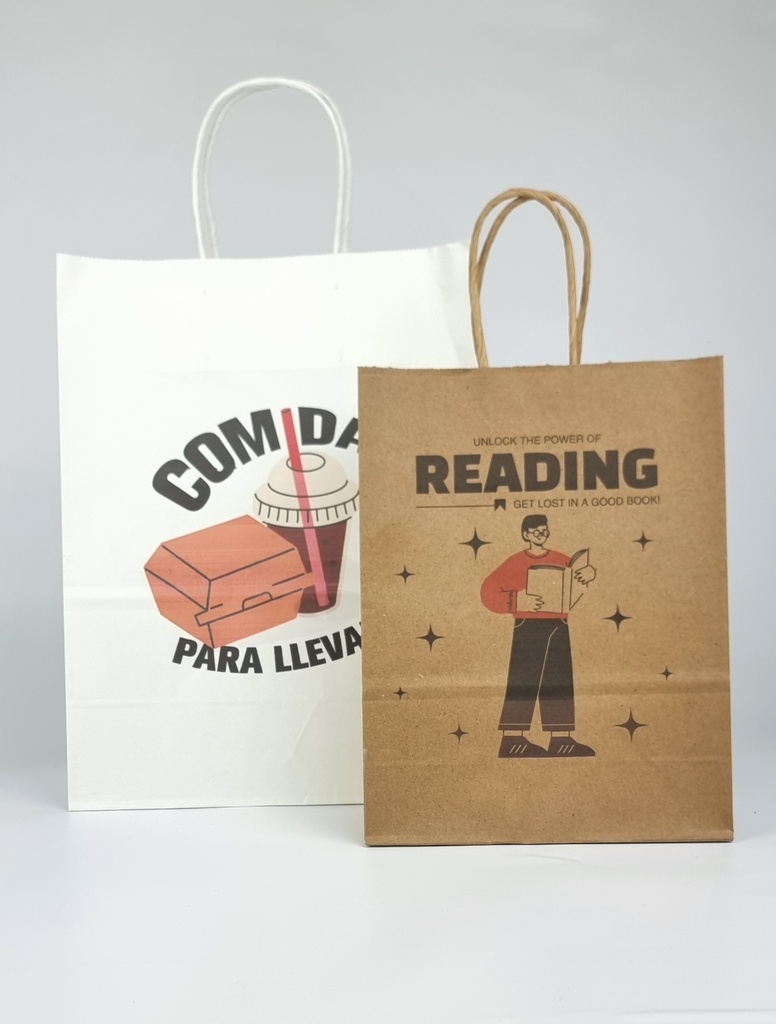 Bolsas de papel blanco con asa rizada en diferentes tamaños